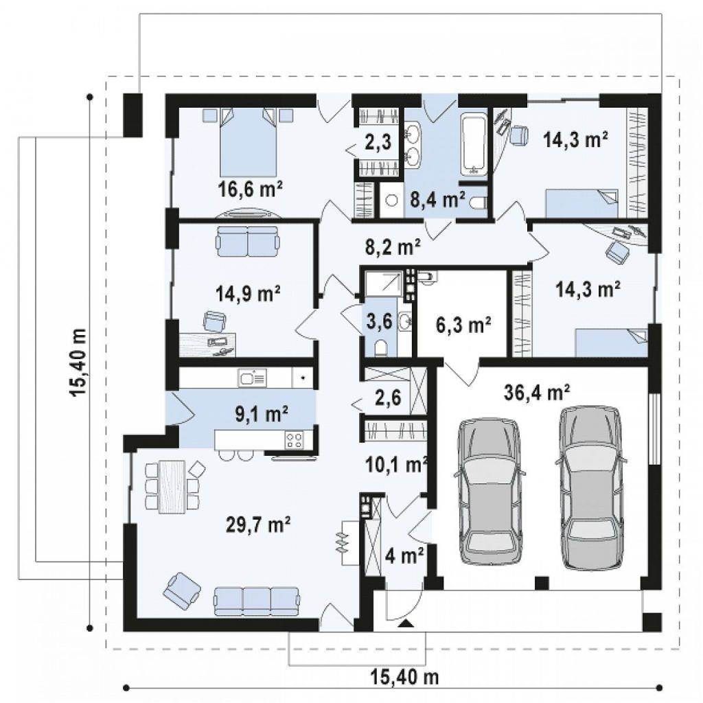Проекты одноэтажных домов с тремя спальнями: 14 вариантов
