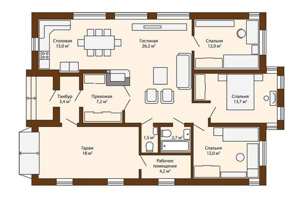 Проекты одноэтажных домов с тремя спальнями. правила создания оптимальной планировки